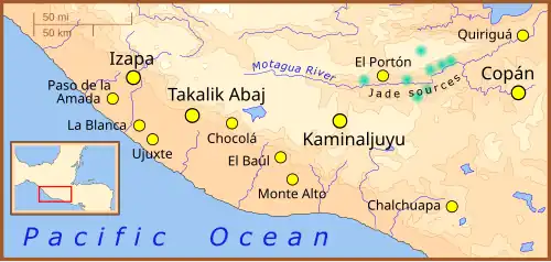 Takalik Abaj is situated immediately south of an area of higher terrain, with a wide flat coastal plain to the south. The landmass is bordered by the Pacific Ocean to the southwest.