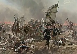 Painting of Frederick marching ahead of Prussian troops with a banner