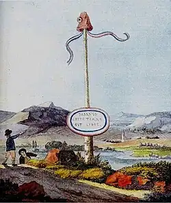 Watercolour depicting a liberty pole with ribbons beside a river landscape, with small figures and hills in the background.