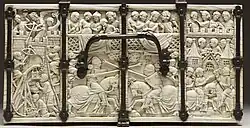 Lid of the Walters Casket, with the Siege of the Castle of Love at left, and jousting. Paris, 1330–1350