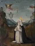 St. Catherine of Siena, wearing a white veil and black mantle, and with a golden halo, kneels to receive mystical communion from an angel.