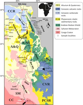 A map of northeast Africa, where various areas are shaded different colors indicating the geological ages of rocks found in each region.