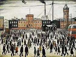An oil panting of people walking in all directions through a bleak square wearing a variety of colours but mostly all black. The square backs onto tall yellow buildings with telegraph cables stretched around. Part of a trolleybus is visible to the right-hand side.