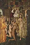 Bartolomé Bermejo, Christ Leading the Patriarchs to Paradise,  1480. In this depiction of the Harrowing of Hell, Methuselah is portrayed as leading the procession of the righteous behind Jesus, along with Solomon, the Queen of Sheba, and Adam and Eve.