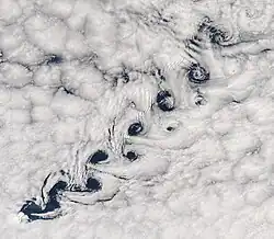 An example of a Kármán vortex street, an emergent phenomenon from Fluid dynamics.