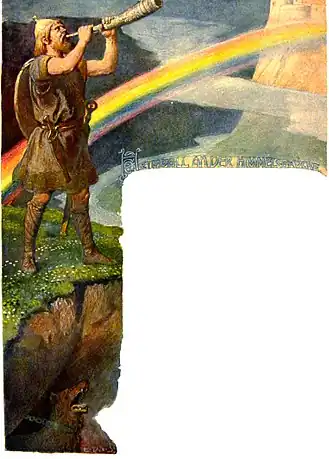 =A man blowing a trumpet, with a rainbow in the background
