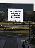 Advertisement in downtown Helsinki, with a message aimed at President Putin, in light of perceived lack of press freedom in Russia