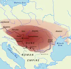 Estimated territory under Hunnic control under Attila, c. 450 CE