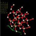 Display of quartz crystal structure, filling 2×2×2 unit cells. The unit cell boundbox is drawn and the unit cell data are shown on upper left.