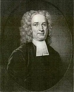 A painting of a man with long curly hair and a slight smile, wearing the bib of a colonial-era minister.