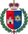 A coat of arms depicting a grey castle on a red background on the left and a blue eye in a yellow triangle on the right