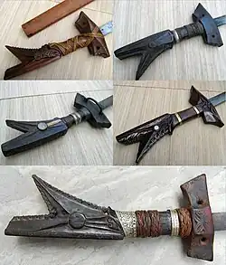 Detail of the hilts of kampílan swords from the Philippines with kalaw (hornbill) pommels