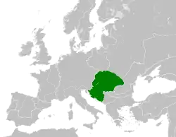 The Kingdom of Hungary in union with Kingdom of Croatia (green) in 1190