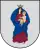 A coat of arms depicting a woman clothed in blue and brown wearing a golden crown and carrying a baby all on a grey background