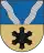 A coat of arms depicting a black, six-pointed star on a golden background on the bottom and grey swirls on a blue background on the top