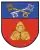 A coat of arms depicting a golden key overlapping a silver key on a blue background at the top and three golden nuts on a red background on the bottom