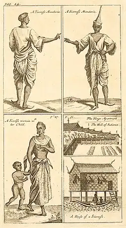 Engraving showing Siamese officials, a woman with a child, and traditional stilt houses.