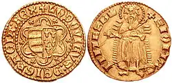 Louis's coat-of-arms (Árpád strips and Capetian fleurs-de-lis; a bearded old man