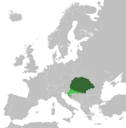 The Kingdom of Hungary (dark green) and Kingdom of Croatia-Slavonia (light green) within Austria-Hungary in 1914
