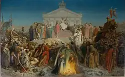 A painting depicting a crowd of people viewing a statue of Augustus holding a scepter. A Roman temple is located behind the statue, while in the lower section the newborn Christ is depicted alongside his family.