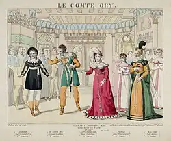 coloured drawing of leading operatic players in costume