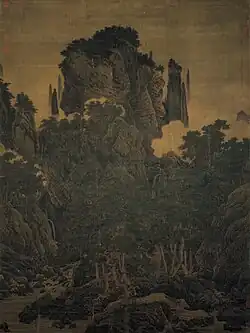 Li Tang (1050 – 1130), Wind in Pines Among a Myriad Valleys, Chinese: 萬壑松風圖, 1124, ink and color on silk, 188.7 cm (74.2 in); Width: 139.8 cm (55 in), collected by National Palace Museum, Taipei.