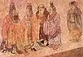 "In this mural foreign ambassadors are being received at court. The two elegantly clad figures on the right are from Korea, the bare-headed, large-nosed figure in the centre is an envoy from the west. Mural from Li Xian's tomb, Qianling, Shaanxi, 706."[38]