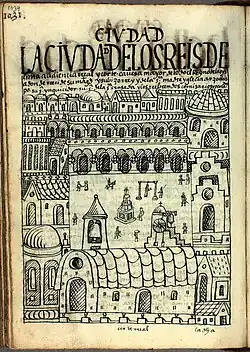 "The City of the Kings of Lima, royal high court, principal city of the kingdom of the Indies, residence of the viceroy[...]", painting of 1615 by the Inca painter Guamán Poma. Royal Library, Denmark.[30]