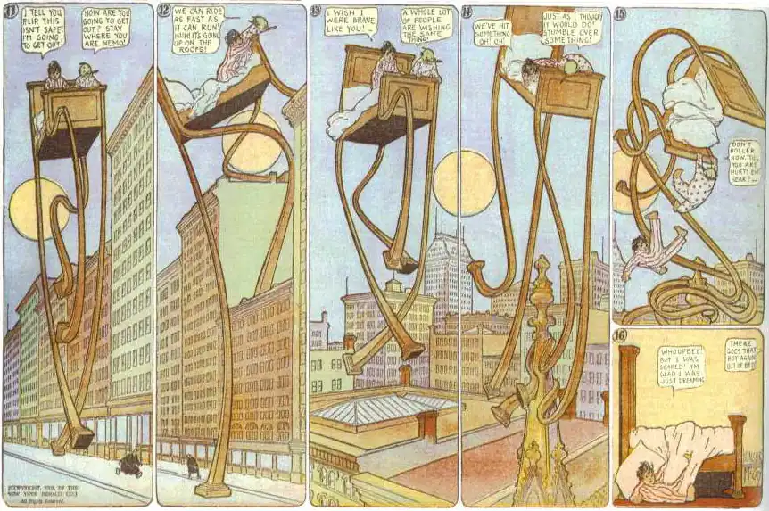 Six panels from Little Nemo comic strip. Nemo dreams his bed grows legs and walks through the city.