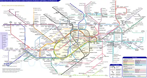 Diagram containing several differently-coloured lines that connect nodes, which are small hollow black circles. The lines are mostly straight but sometimes have curved bends at regular angles. A stylised light-blue river is included.