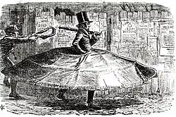 Cartoon in Punch of a "Patent Anti-garotte Overcoat" by Charles Keene in December 1856, at the height of a garotte panic in London that was compared in a parliamentary debate to thuggee.