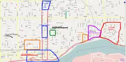 A map of a city with several areas highlighted to illustrate historic neighborhoods
