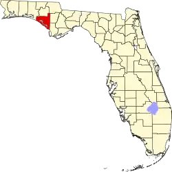 A state map highlighting Bay County in the panhandle part of the state. It is medium in size.