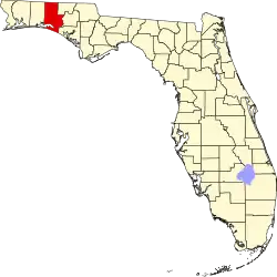 A state map highlighting Walton County in the northwestern part of the state. It is medium in size and narrow in shape.