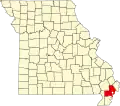 A state map highlighting New Madrid County in the southeastern part of the state.