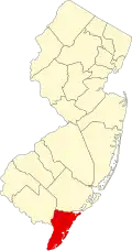 Map of New Jersey highlighting Cape May County