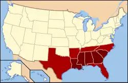 States in dark red compose the core of the Deep South. Those in lighter red have portions that are sometimes included.