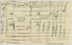 A rectangular, hand-drawn map on faded paper containing several labeled areas and crossed by roads