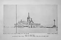 A drawing depicting a large, two-story building with the pedimented entry of an attached chapel surmounted by a cross and a tall bell tower rising behind.