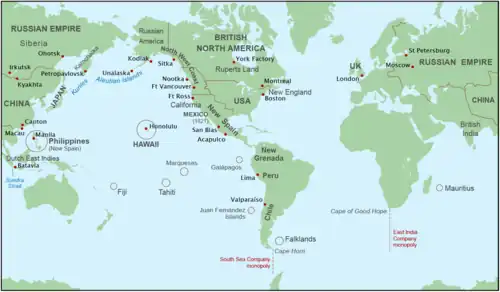 World map showing the global context of the maritime fur trade (circa 1790–1840), linking the Northwest Coast of North America with trade routes and ports in Russia, China, Hawaii, the Americas, and Europe.