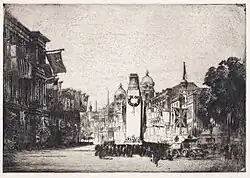 Etching of a monument surrounded by people