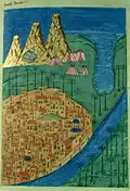 Illumination of Saint Catherine's Monastery on Mount Sinai, from a late medieval Georgian manuscript (Nuskhuri script)