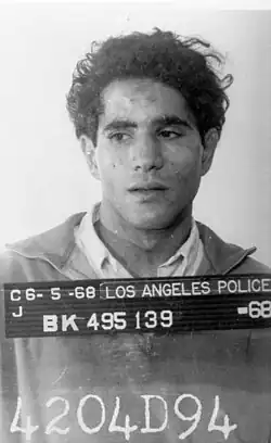 Black-and-white photographic portrait of Sirhan Sirhan taken after his arrest