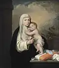 St. Rose of Lima, wearing a Dominican habit and holding a rose, and with a golden halo, embraces the Christ Child.