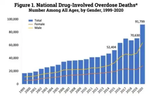 U.S. yearly deaths from all opioid drugs. Included in this number are opioid analgesics, along with heroin and illicit synthetic opioids.[211]