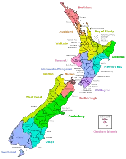 A map of New Zealand divided into regions and territorial authorities with labels