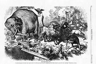 An 1874 cartoon by Thomas Nast, featuring the first notable appearance of the Republican elephant[76]