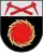 A coat of arms depicting orange tools on a white background on the top and an orange sun on a dark green background on the bottom