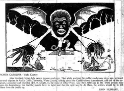 A massive caricature of a black man with bat wings reaches out to grab smaller white people. At his feet is a box labeled "FUSION BALLOT BOX". The caption reads "North Carolina-Wake County. John Hubbard, being duly sworn, deposes and says: That while working the public roads some days ago, he heard several negroes in Mark's Creek Township, Wake County, talking about the Constitutional Amendment, and one of the negroes, a preacher and neighbor of H. H. KNight, by the name of Offee Price, said they, referring to the white people, may pass the Amendment, but that they would have to fight, and that the right way to do them, the whites, would be to kill them from the cradle up. JOHN HUBBARD."