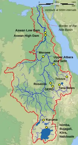 A map of northeast Africa. The Nile River is shown as a blue line. Along the Nile, locations of about ten hydropower stations are indicated.